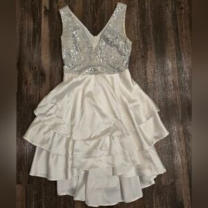 White & Silver Sequin & Satin Layered Dress